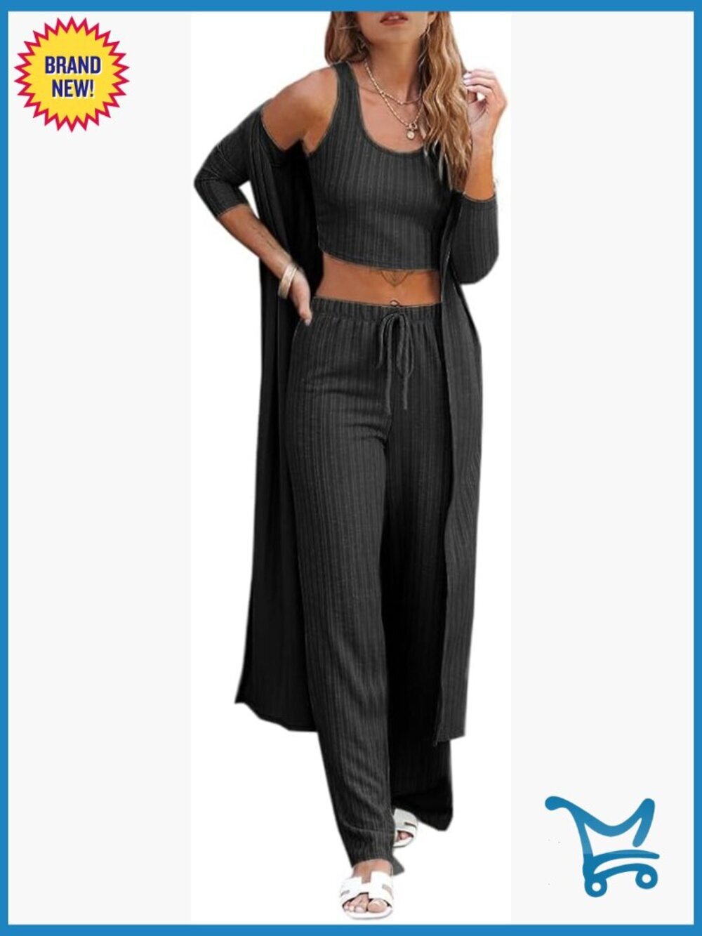 3 Piece Lounge Set Pajamas Long Sleeve Cardigan Crop Top Wide Leg Pants